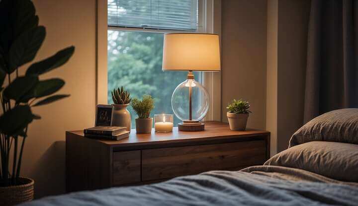 A serene bedroom with open windows, a dimmed bedside lamp, and soothing decor. A book on natural remedies for snoring sits on the nightstand