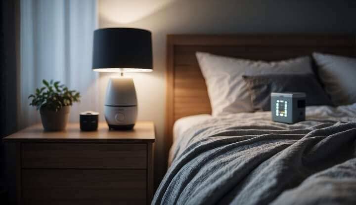 A bedroom with a bed, a bedside table with a humidifier, and nasal strips on the nightstand. A peaceful, quiet atmosphere