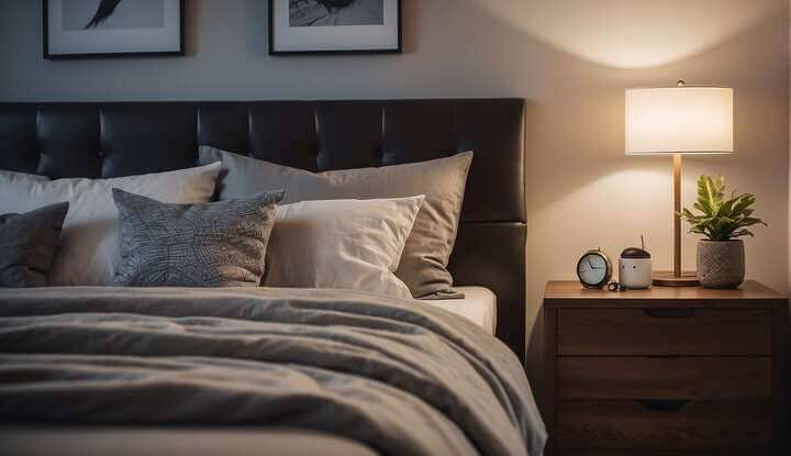 A peaceful bedroom with a comfortable bed, soft pillows, and a calming atmosphere. A book about reducing snoring naturally is open on the nightstand
