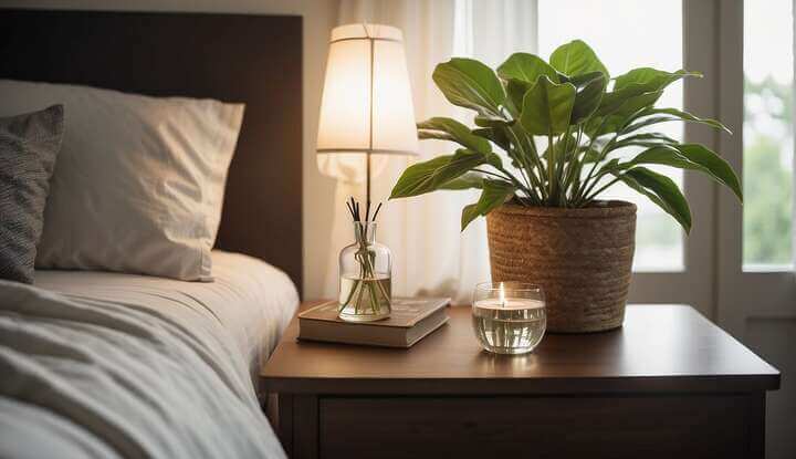 A serene bedroom with a tidy, uncluttered nightstand featuring a glass of water, a book, and a plant. Soft, diffused lighting creates a calm atmosphere