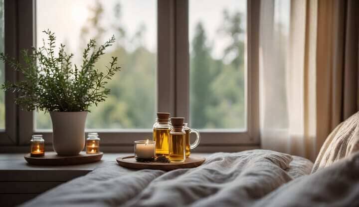 A serene bedroom with open windows, a cozy bed, and a calming color scheme. A cup of herbal tea and essential oils on a bedside table