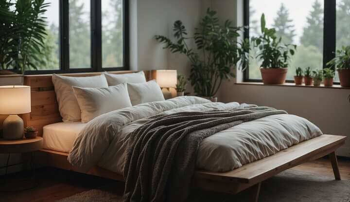 A peaceful bedroom with open windows, plants, and calming decor. A person's bed with elevated pillows and a glass of water on a nightstand