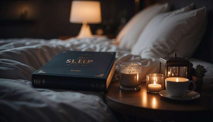 A serene bedroom with a cozy bed, dim lighting, and calming decor. A book on sleep health sits on the nightstand