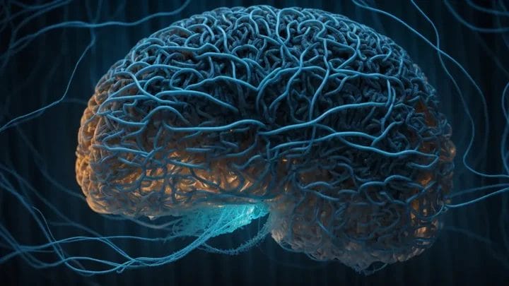 brain filled with tangled neural pathways