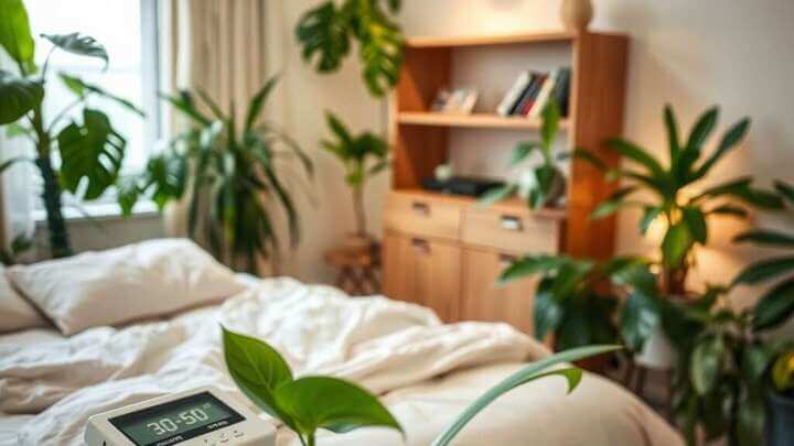 A cozy bedroom with plants and a hygrometer displaying 30-50% humidity.